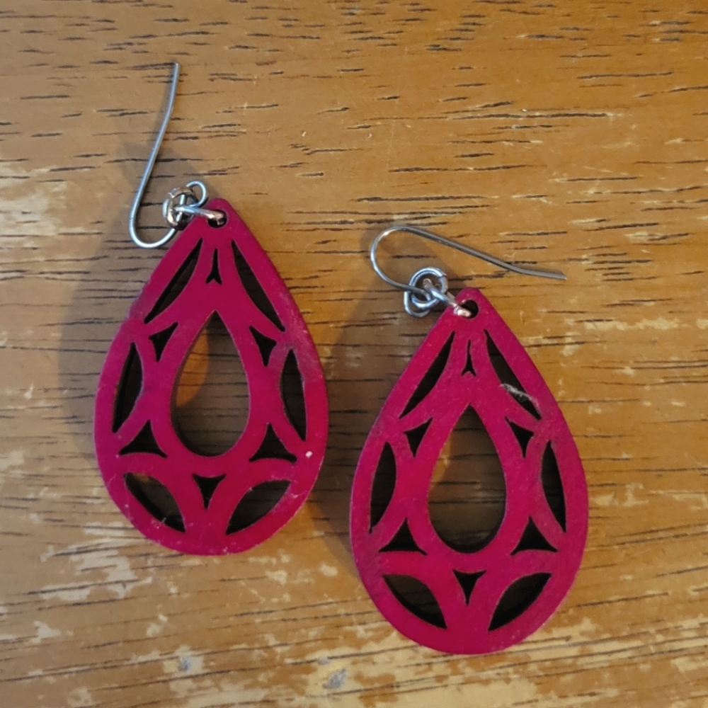 Wooden Red Teardrop Earrings